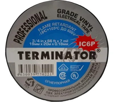 IC6P TERMINATOR изолента ПВХ, черная; 19ммх20м, толщина 0,18 мм.
